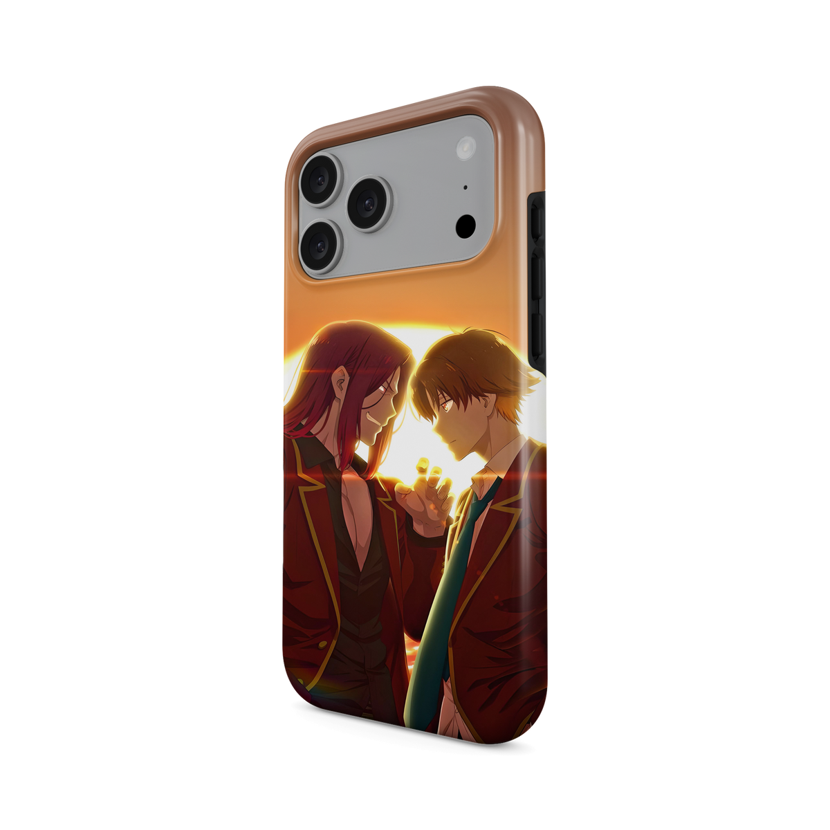 iPhone 17 Pro Max · Atardecer | Kiyotaka Ayanokoji x Kakeru Ryuen · Vista en ángulo de la funda con la abertura de la cámara, los laterales y los botones
