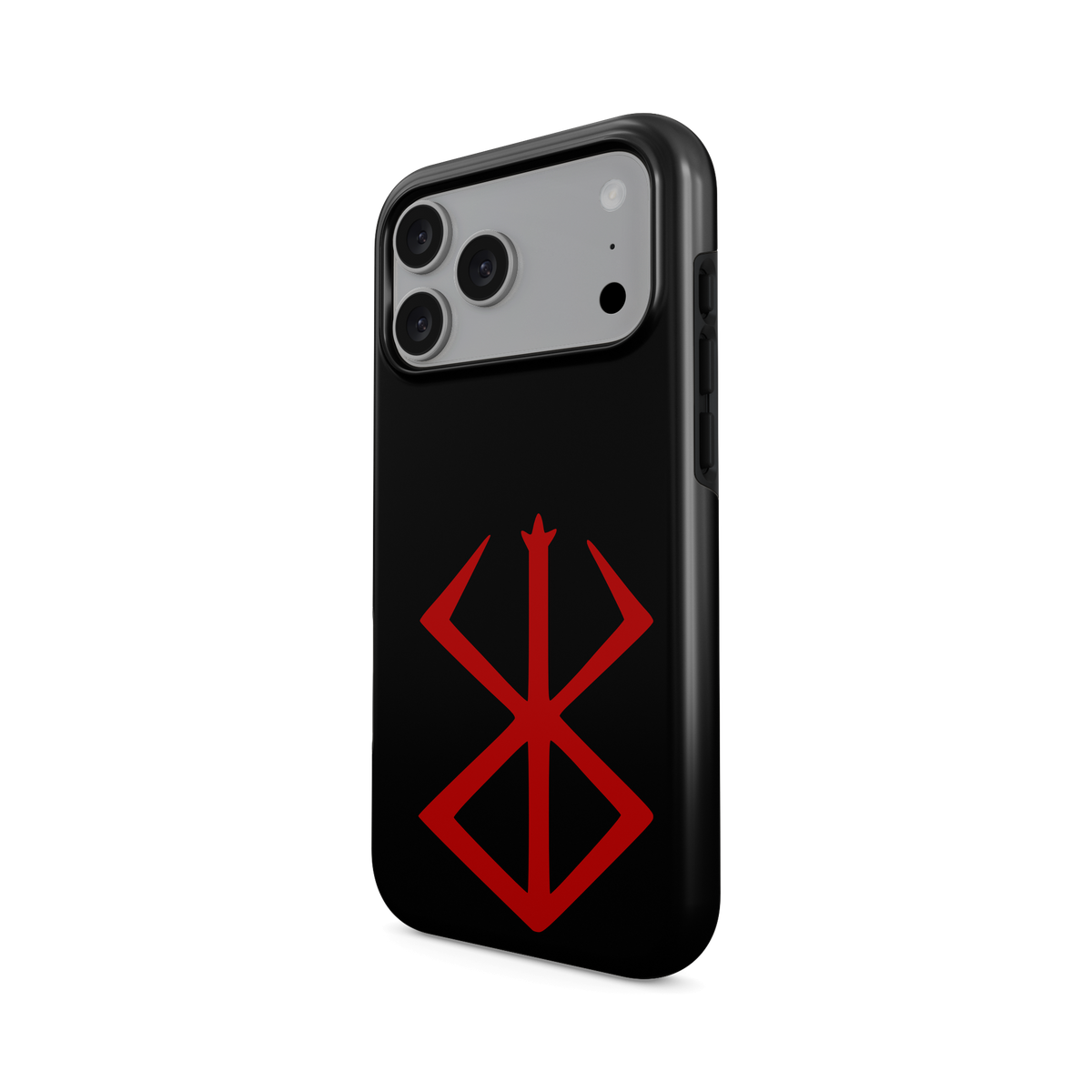 iPhone 17 Pro Max · Marca del Sacrificio: Clásica · Vista en ángulo de la funda con la abertura de la cámara, los laterales y los botones