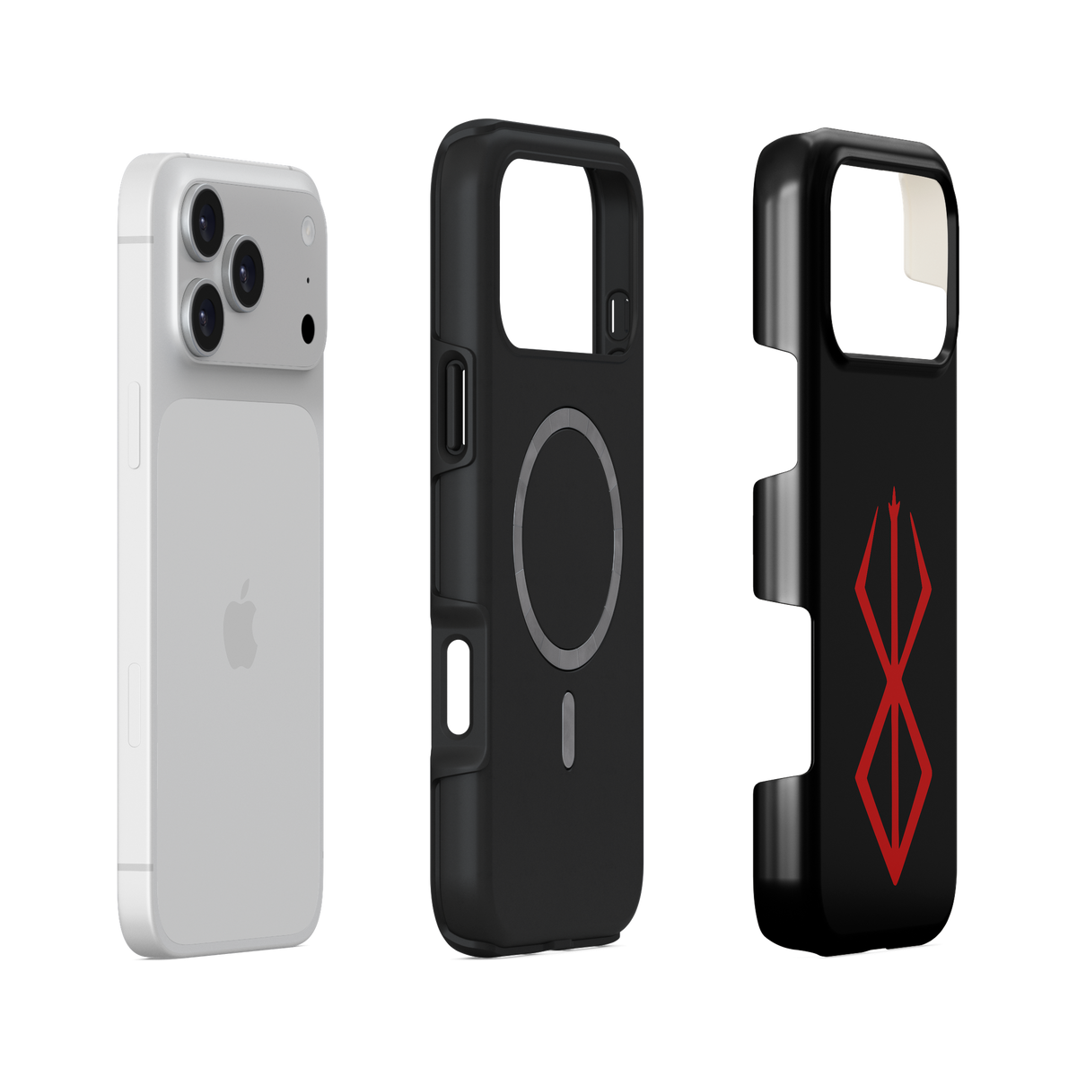 iPhone 17 Pro Max · Marca del Sacrificio: Clásica · Vista de la carcasa rígida y el interior flexible separados