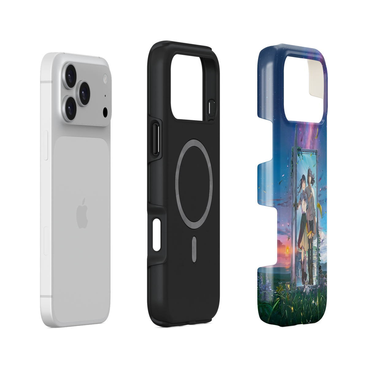 iPhone 17 Pro Max · Cruzando la puerta | Suzume x Sota · Vista de la carcasa rígida y el interior flexible separados