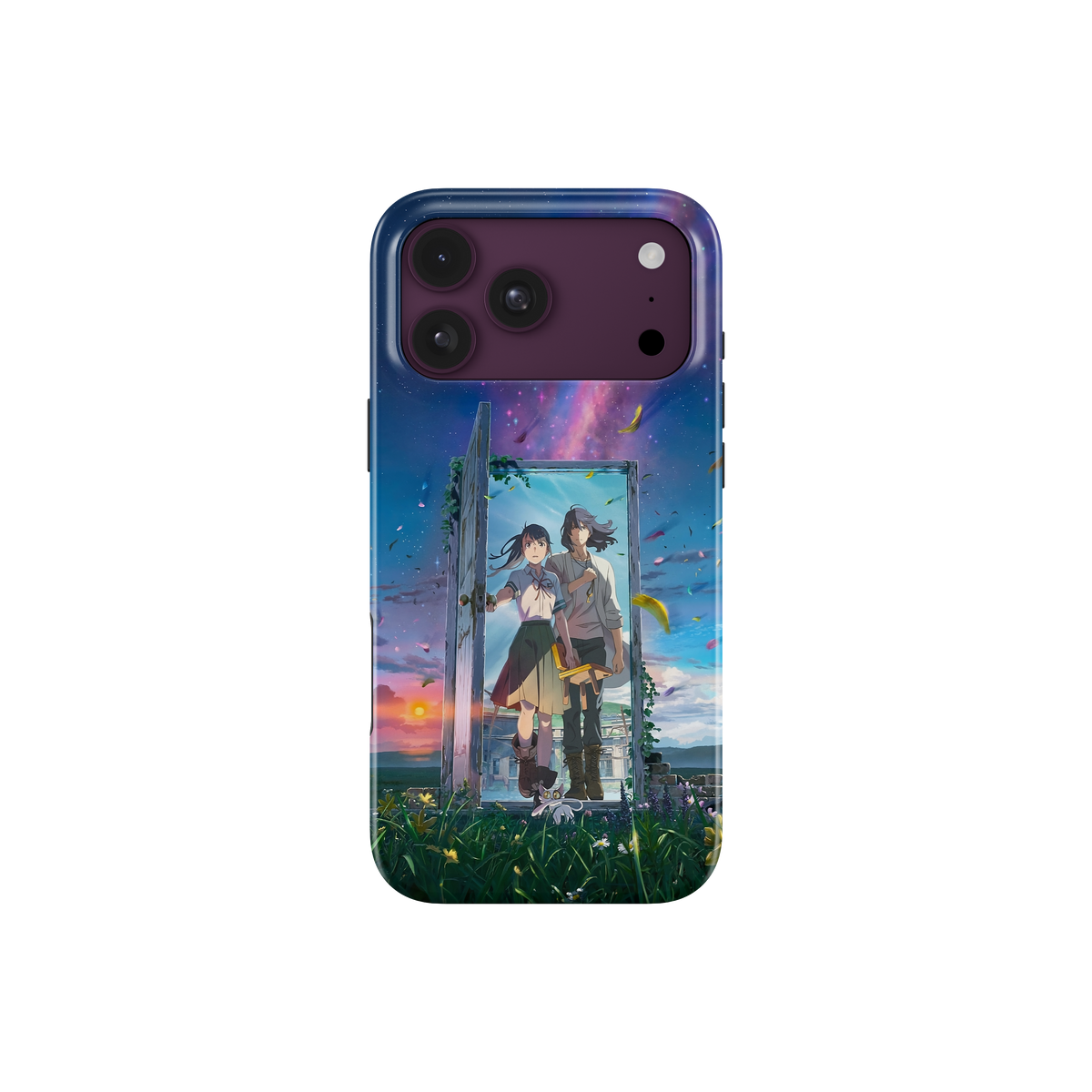 iPhone 18 Pro Max | Crossing the Door | Suzume x Sota phone case, front view.