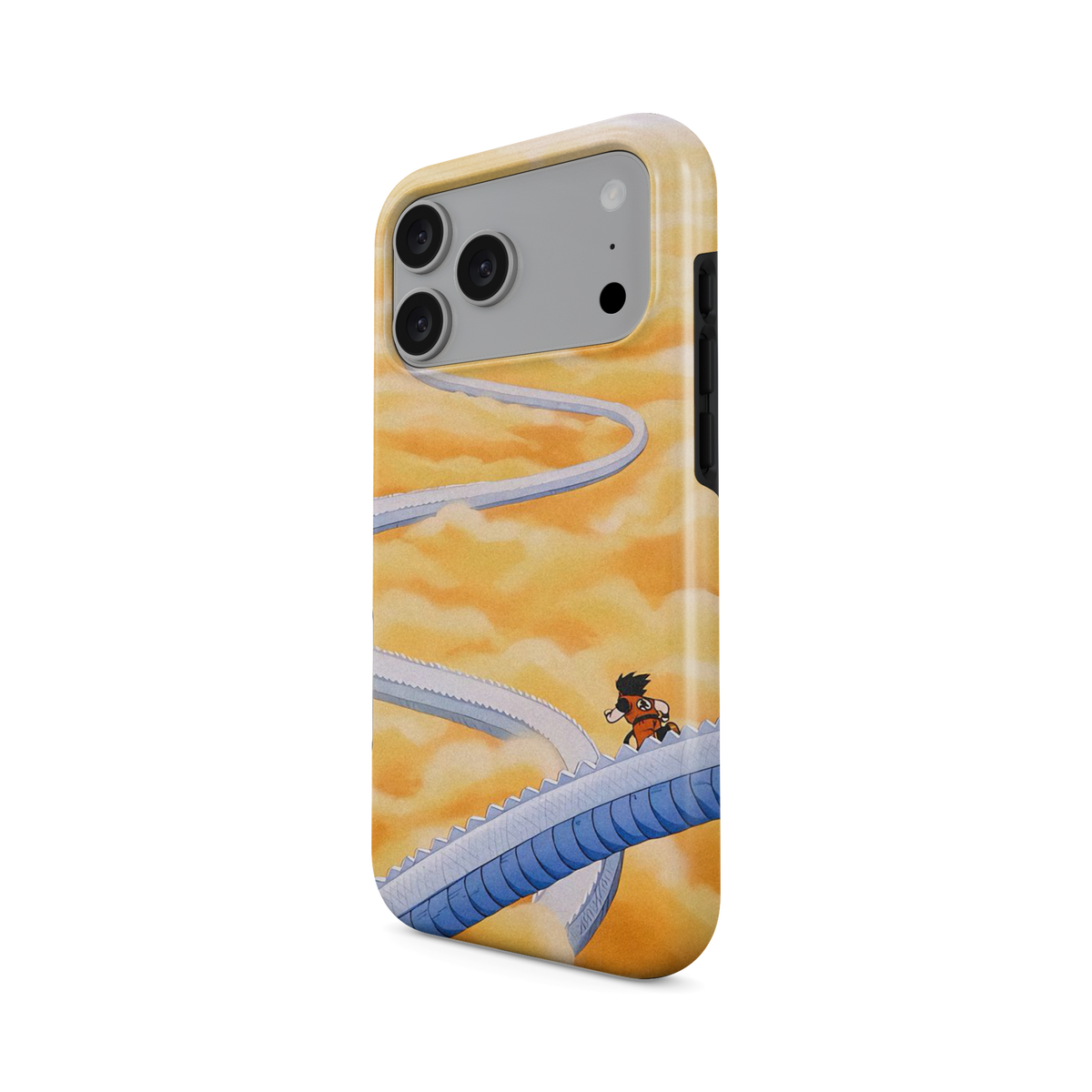 iPhone 17 Pro Max · Escaleras | Son Goku · Vista en ángulo de la funda con la abertura de la cámara, los laterales y los botones