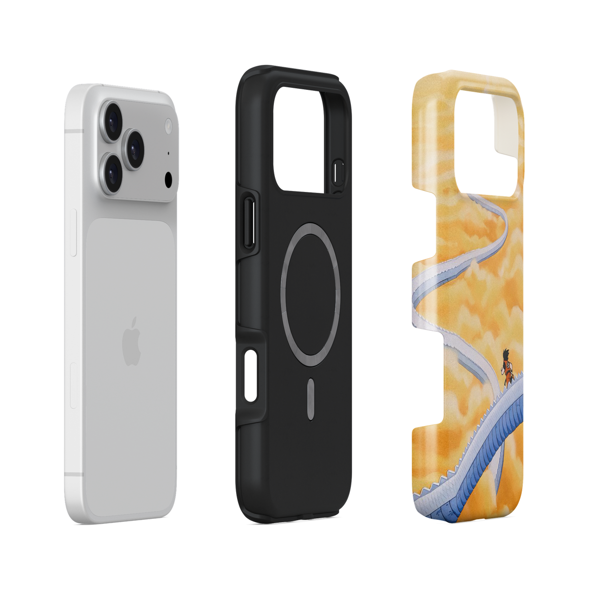 iPhone 17 Pro Max · Escaleras | Son Goku · Vista de la carcasa rígida y el interior flexible separados