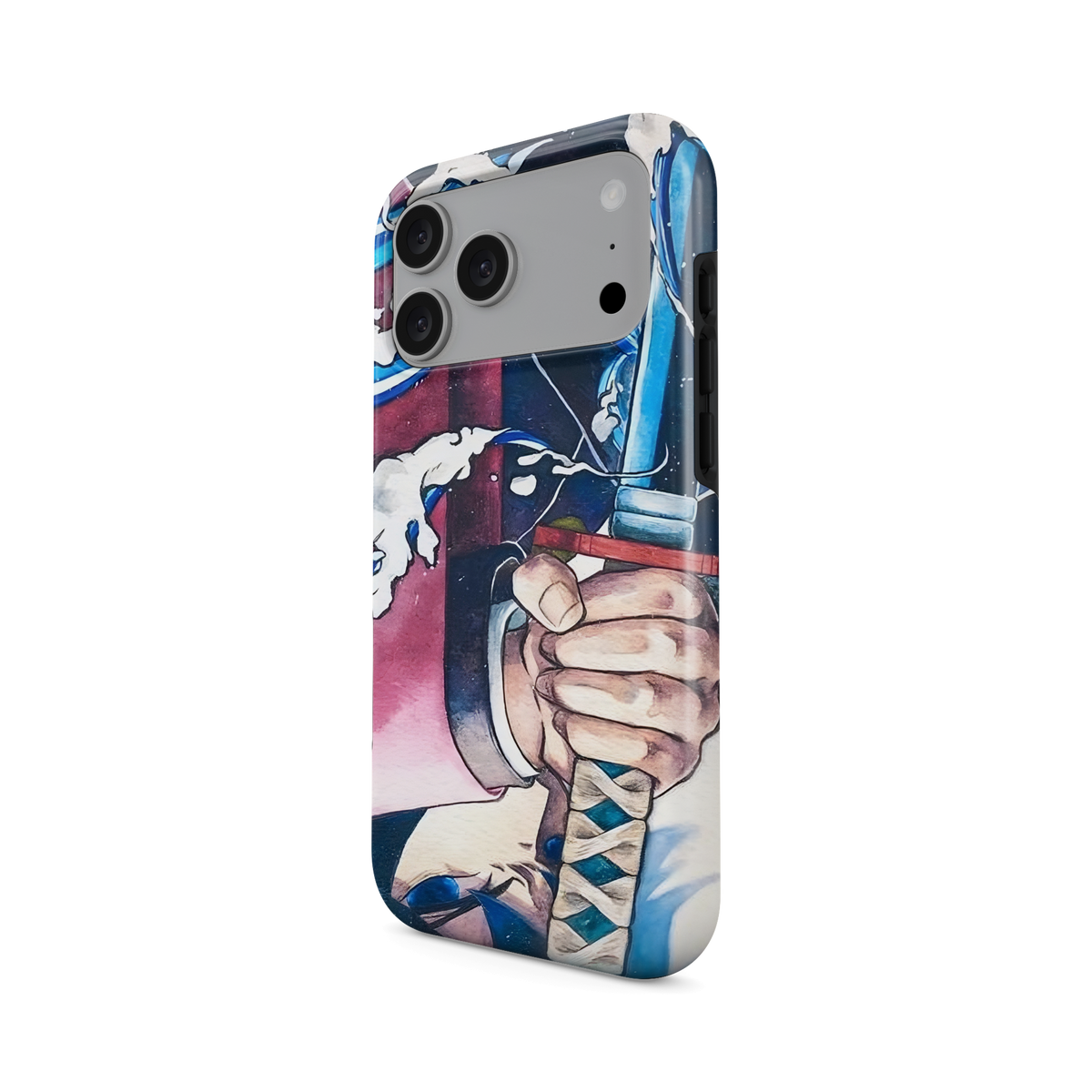 iPhone 17 Pro Max · Flujo invertido | Giyu Tomioka · Vista en ángulo de la funda con la abertura de la cámara, los laterales y los botones