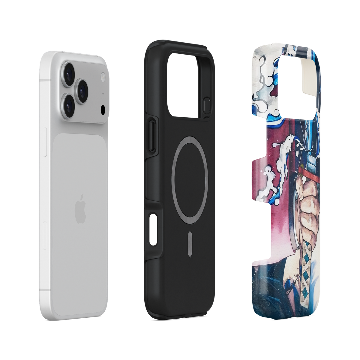 iPhone 17 Pro Max · Flujo invertido | Giyu Tomioka · Vista de la carcasa rígida y el interior flexible separados