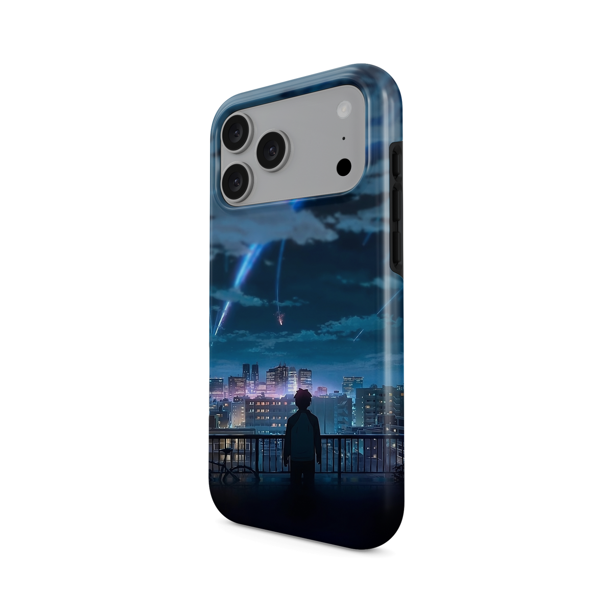 iPhone 17 Pro Max · Contemplando las estrellas | Taki Tachibana · Vista en ángulo de la funda con la abertura de la cámara, los laterales y los botones