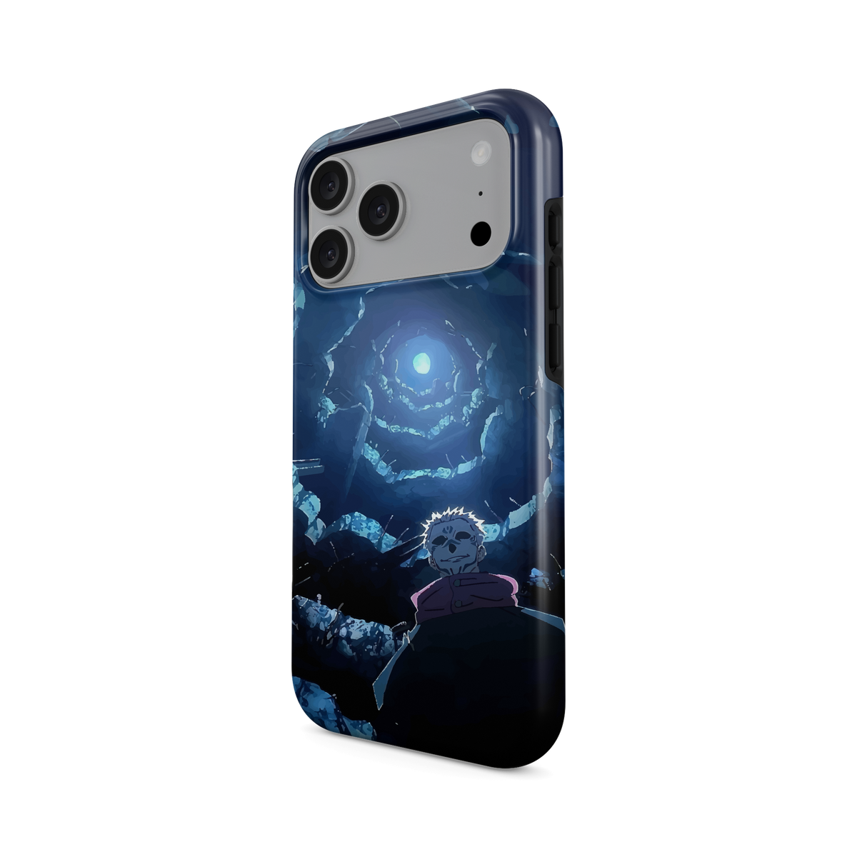iPhone 17 Pro Max · Bajo la luna | Ryomen Sukuna · Vista en ángulo de la funda con la abertura de la cámara, los laterales y los botones