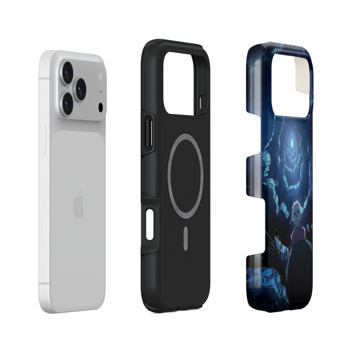 iPhone 17 Pro Max · Bajo la luna | Ryomen Sukuna · Vista de la carcasa rígida y el interior flexible separados