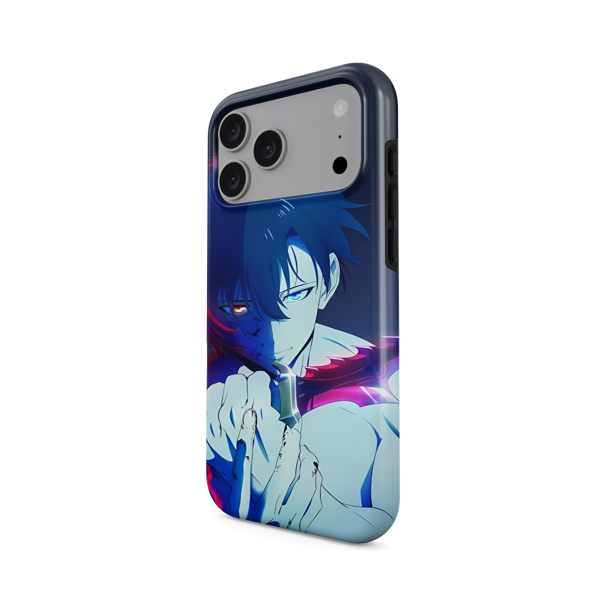 iPhone 17 Pro Max · Renacido | Sung Jin-Woo · Vista en ángulo de la funda con la abertura de la cámara, los laterales y los botones