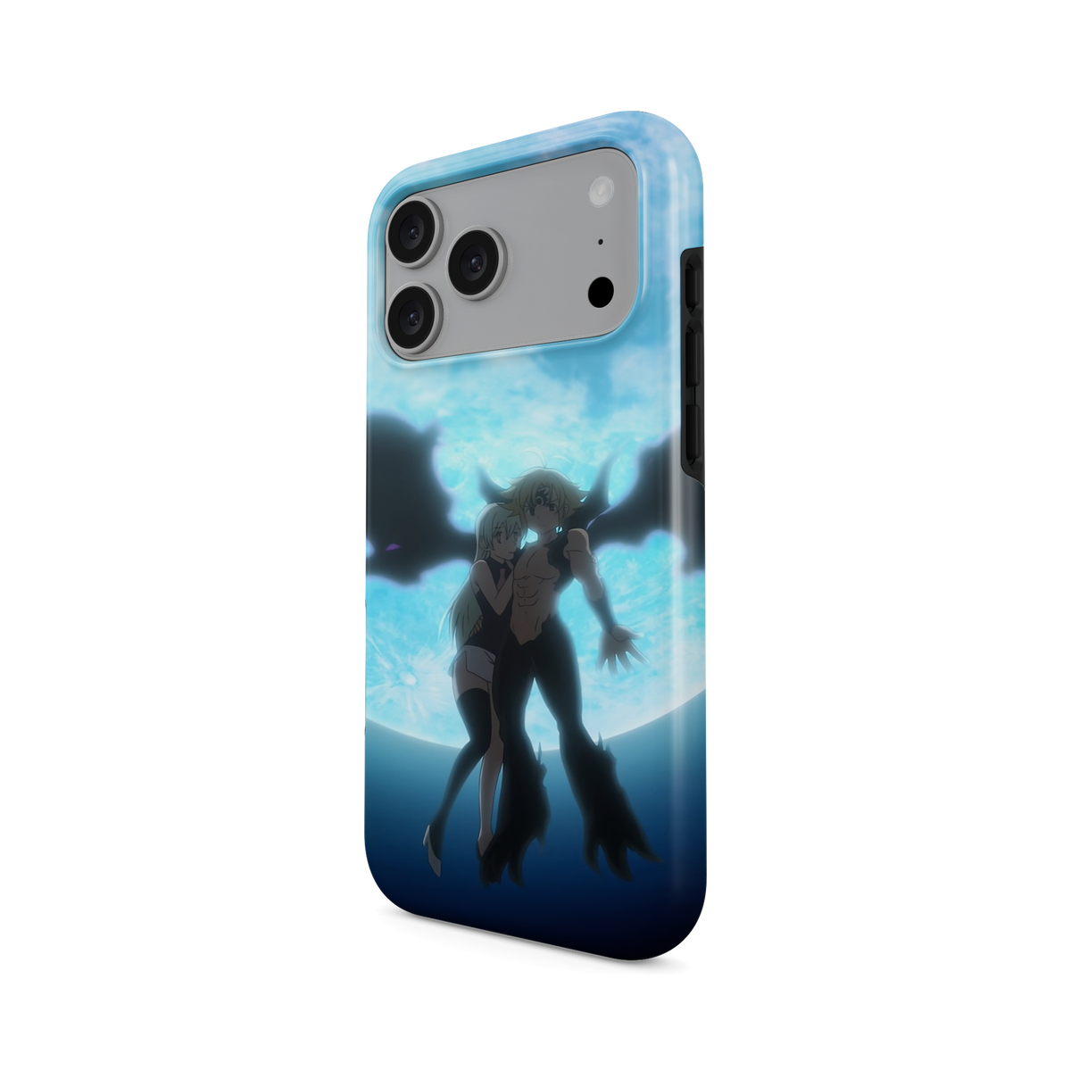 iPhone 17 Pro Max | The Forbidden Moonlight | Meliodas x Elizabeth phone case, angled view.