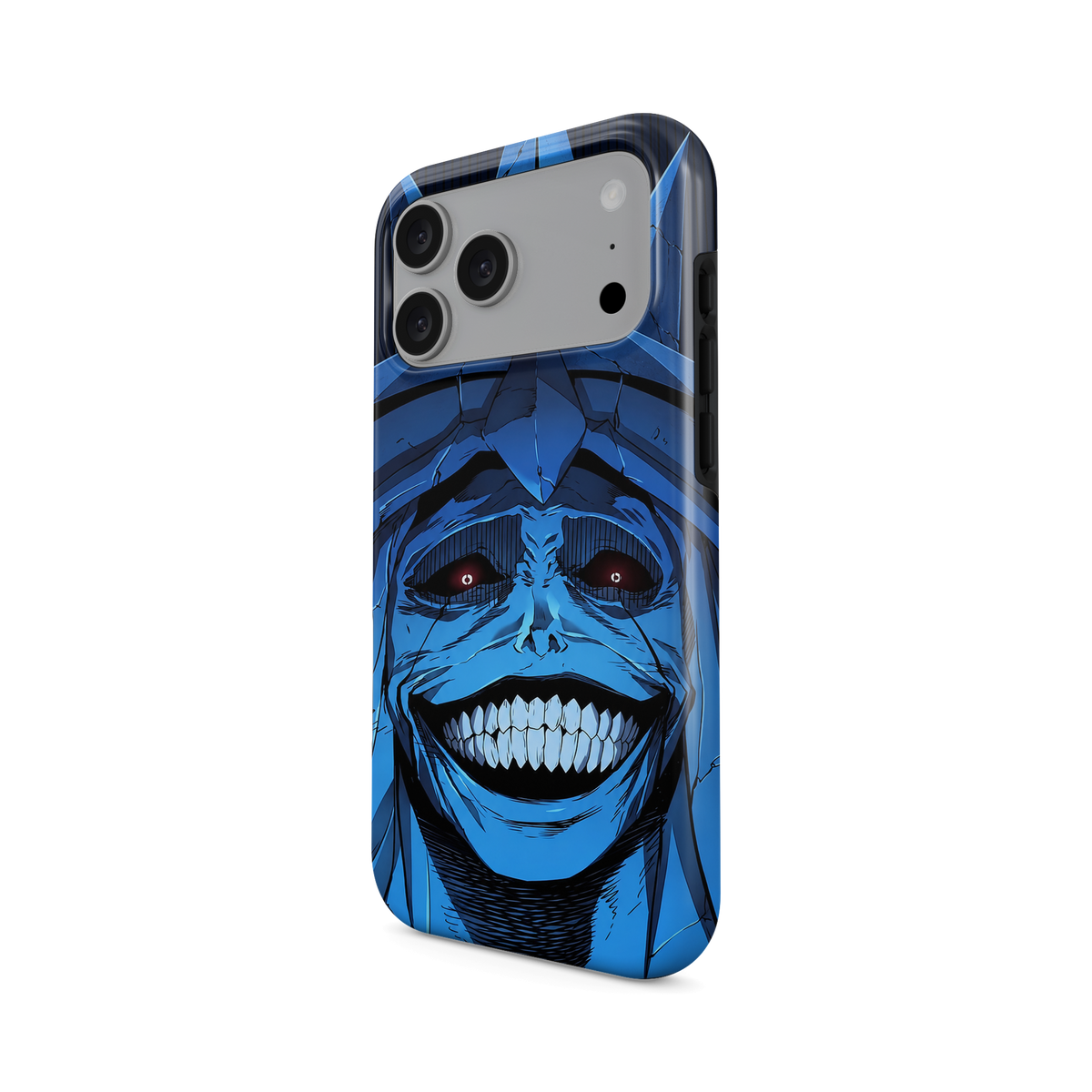 iPhone 17 Pro Max · Sonrisa | Estatua de Dios · Vista en ángulo de la funda con la abertura de la cámara, los laterales y los botones
