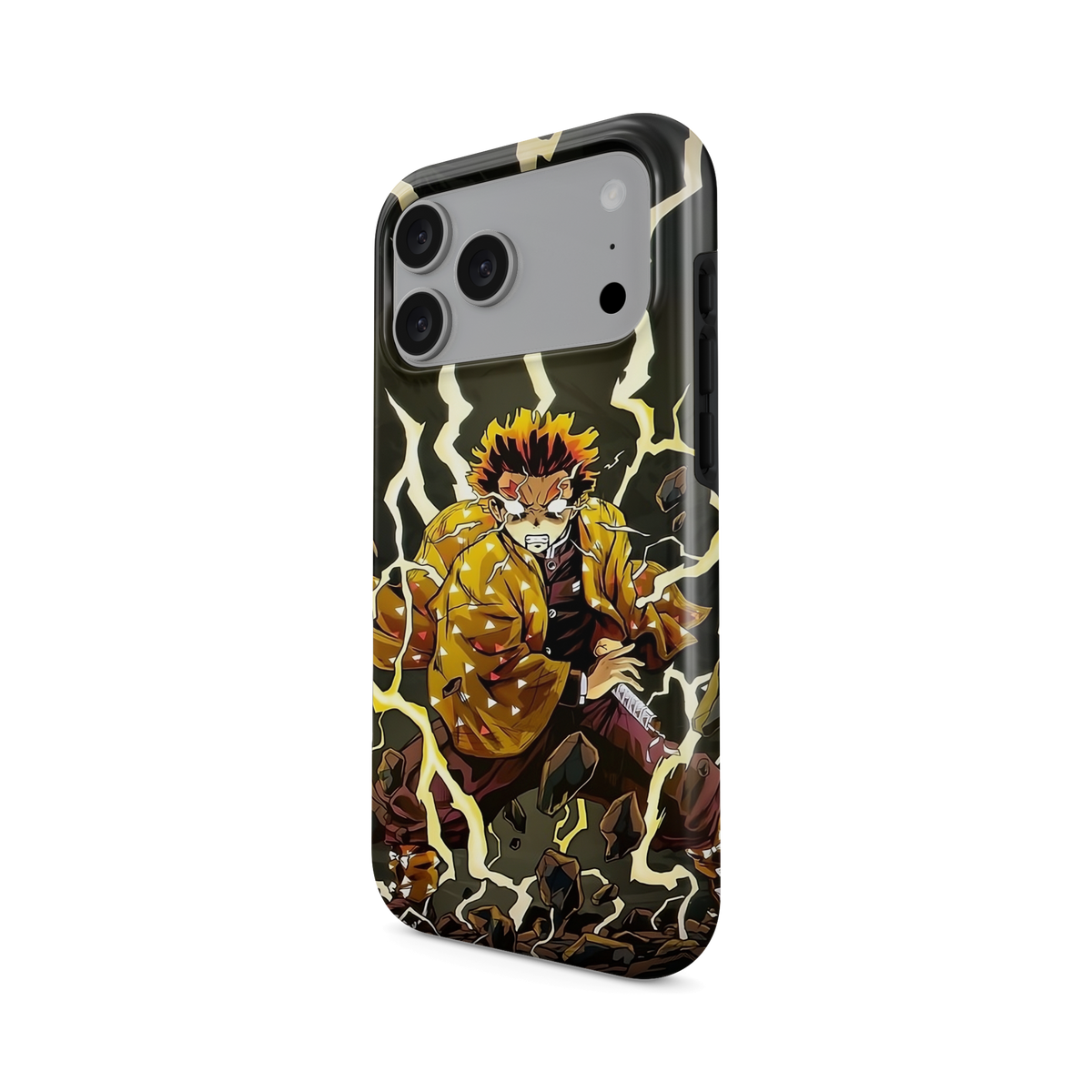 iPhone 17 Pro Max | Electrifying | Zenitsu Agatsuma phone case, angled view.