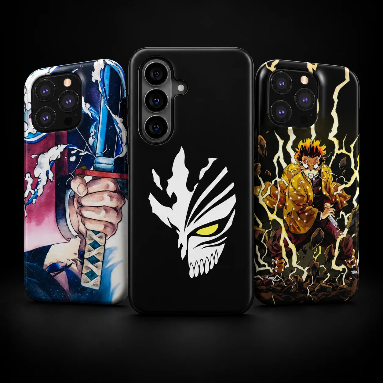 Three anime-inspired phone cases: Water Breathing, Ichigo mask and Zenitsu lightning.